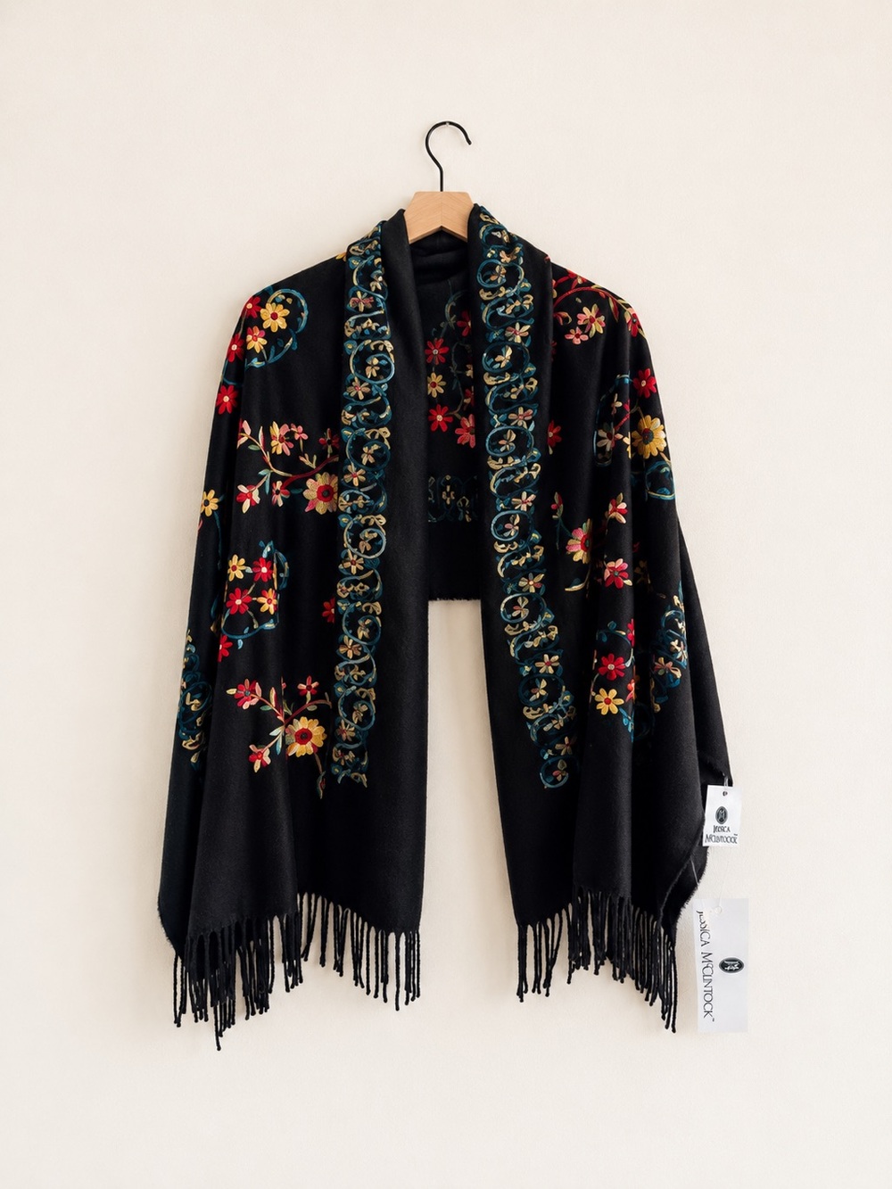 NWT Jessica McClintock Black Embroidered Floral Fringe Shawl Wrap Scarf